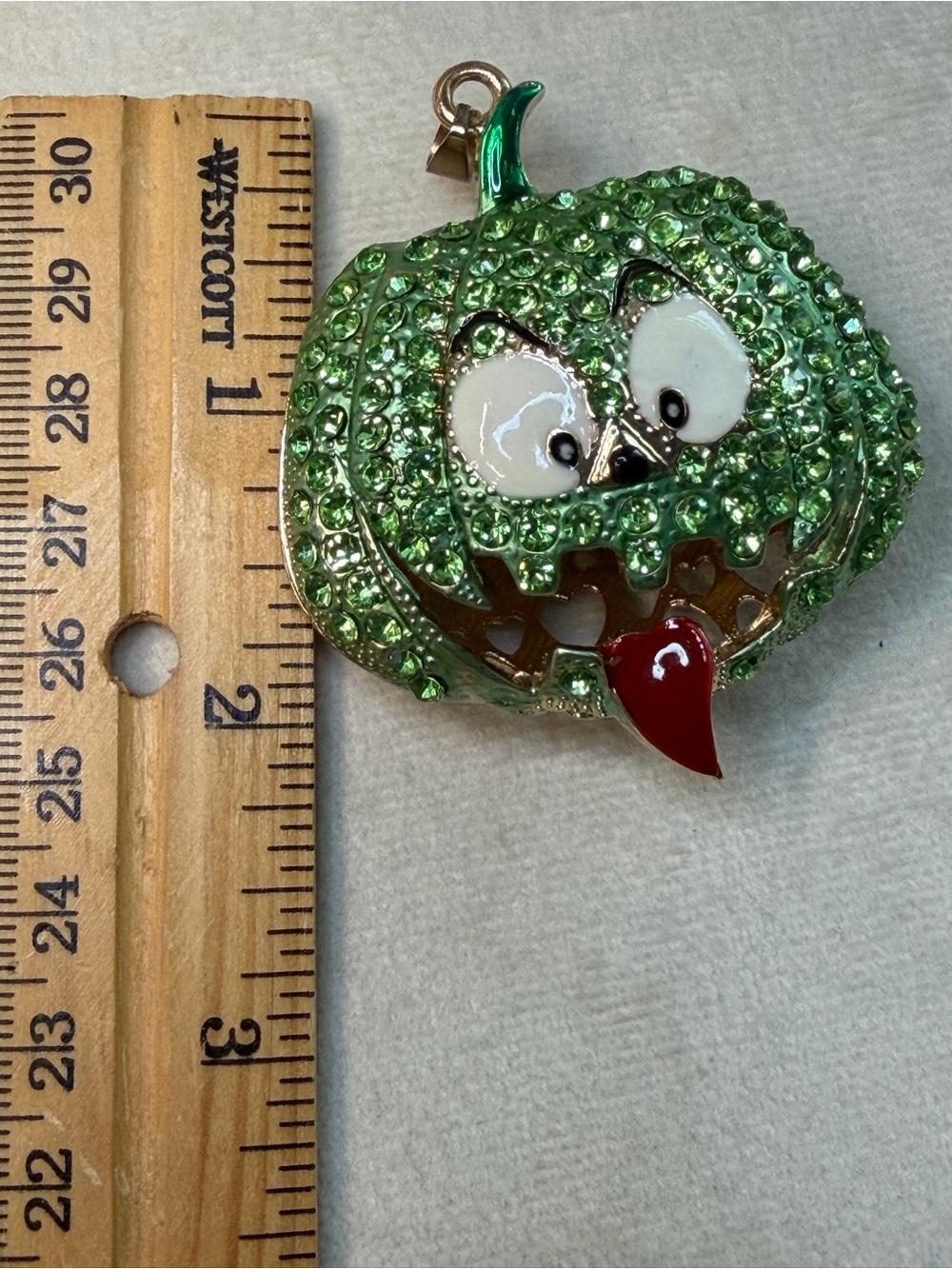 Green Jeweled Pumpkin Pendant with Red Tongue Charm - Picture 4 of 5